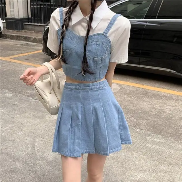 [Костюм-тройка] рубашка с коротким рукавом + джинсовая кофта облегающая