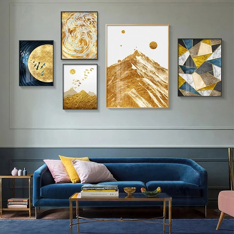 

Abstract Pictures Blue Golden Poster Modern Landscape Nordic Prints Wall Art Canvas Painting for Living Room Bedroom Decoration