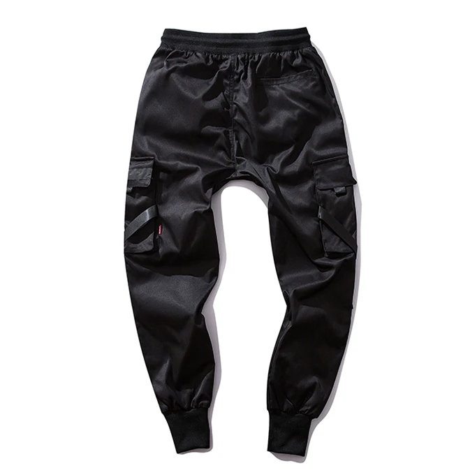 Брюки-карго в стиле Харадзюку черные шаровары с карманами и лентами спортивные