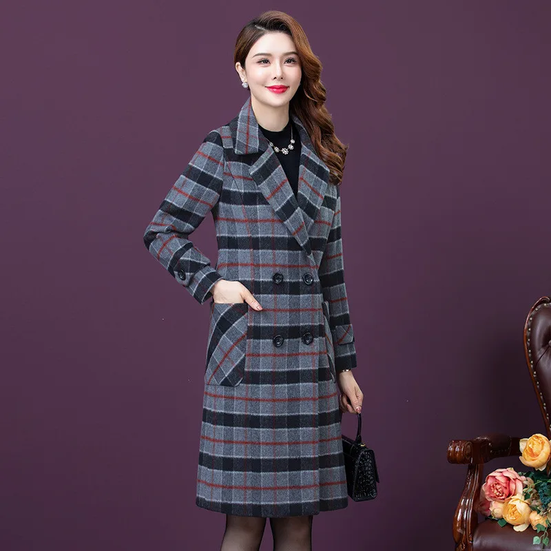 

Elegant Long Double Breasted Coat OL Wool Coat Women Plus Size 5xl Plaid Winter Coats for Women