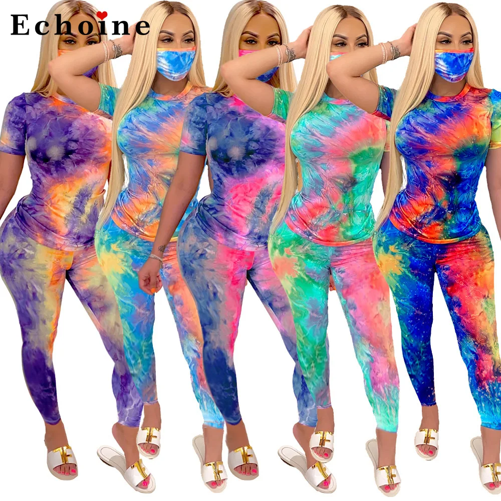 

Женский спортивный костюм с принтом тай-дай, футболка с круглым вырезом и длинные штаны