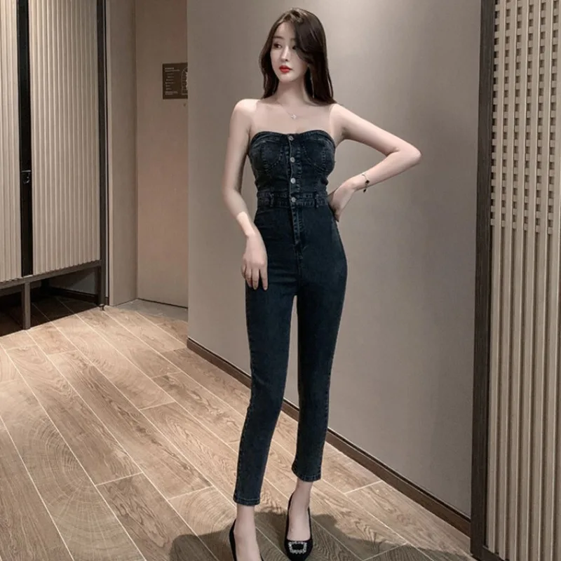 Женский джинсовый комбинезон без бретелек Длинный Облегающий с высокой талией и