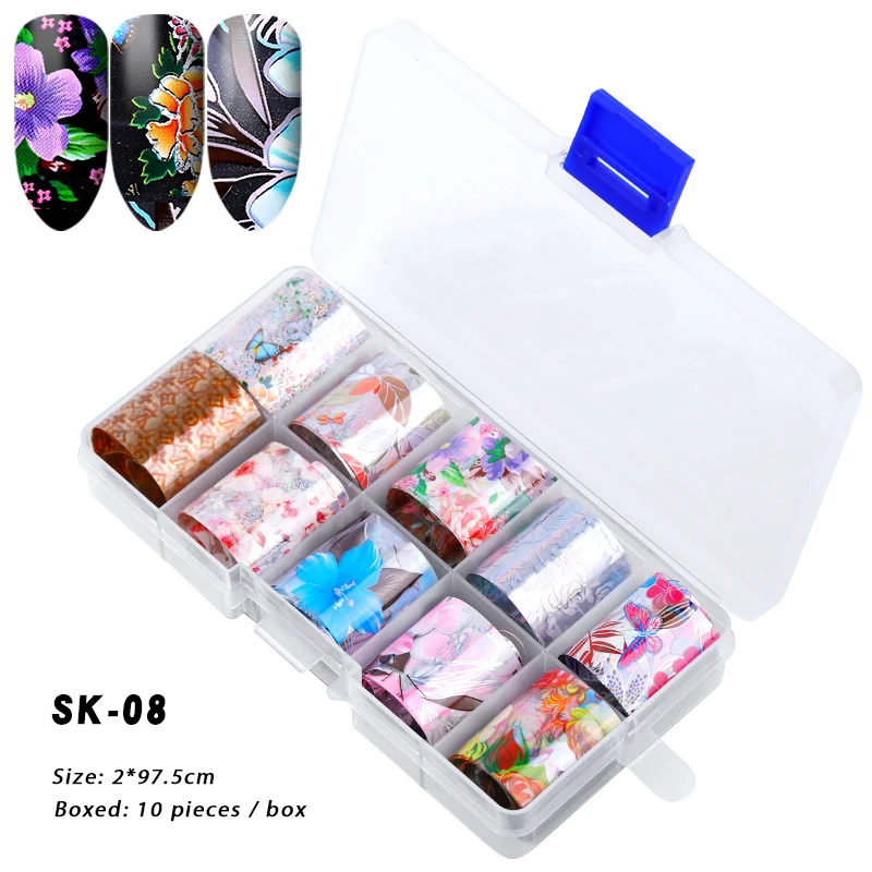 

10 Rolls/box Holographic Nail Foil Polish Stickers Transfer Starry Sky Laser Sliders Transparent Nail Art Decal Manicure Designs