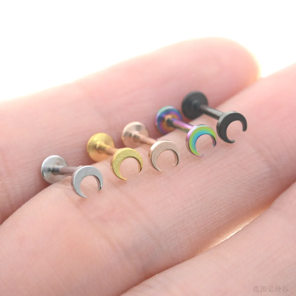 2Pcs 1.2x6/8mm Internal Thread Rod Moon Nose Piercing Tragus Conch Earrings Helix Piercing Labret Lip Ring Flat Ear Stud Jewelry images - 6