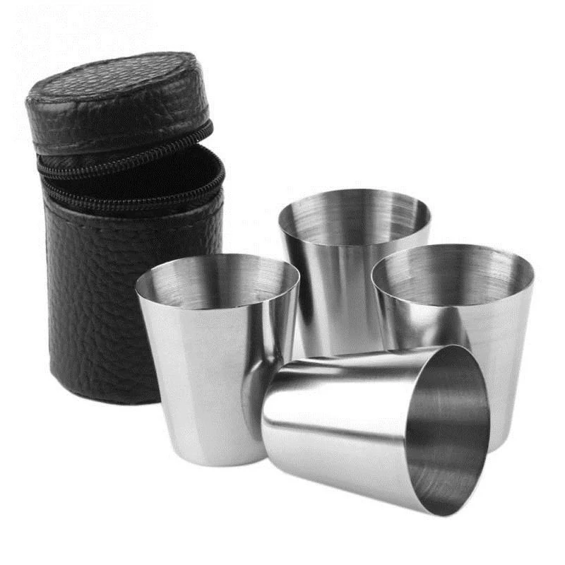 4 Pcs / Set Polished 30 Ml Mini Stainless Steel Shot Glass Cup Drinking Wine Glasses With Leather Cover Bag For Home Kitchen Bar