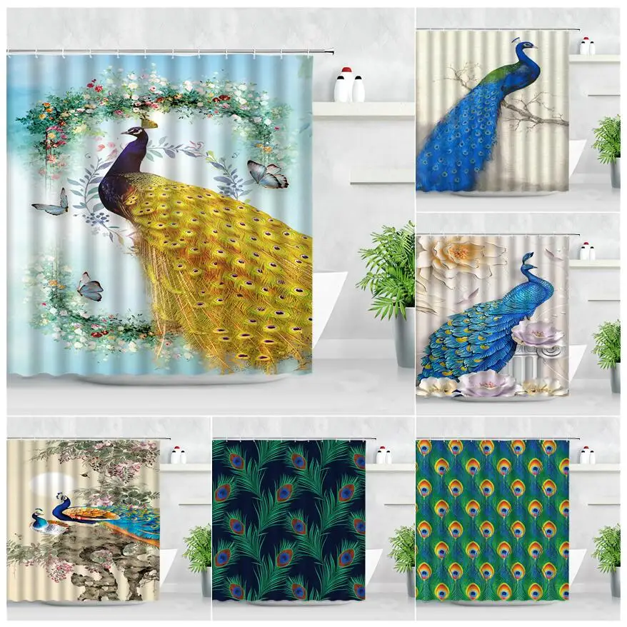 

Занавеска для душа из полиэстера, с принтом птиц, бабочек, цветов и перьев