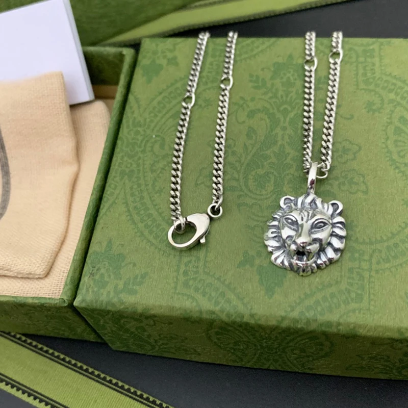 

Ag 925 Sterling Silver Luxury Brand Lion Head Couple Necklace men and women Retro Original Design high quality Jewelry gift