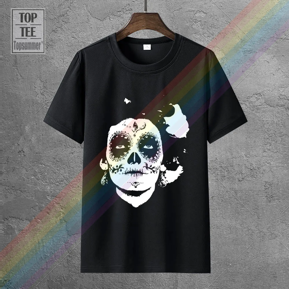 

La Calavera De La Catrina Print Men Black White T-Shirt Mexico Style Short Sleeve O Neck Cotton T Shirts Skull Cartoon Design