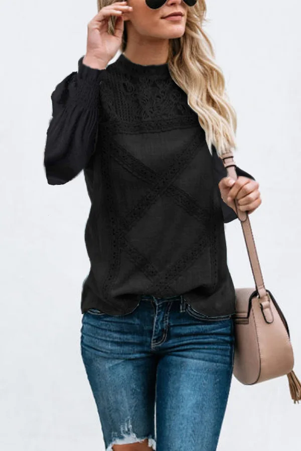 

Модная кружевная Геометрическая строчка с длинными рукавами верхняя одежда черные розовые женские рубашки с круглым вырезом