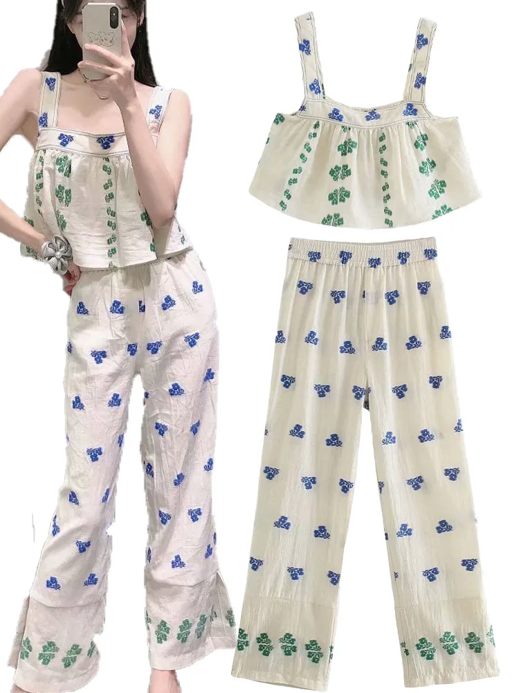 

ZA summer new women's all-match wide-shoulder strap flower embroidered top flower embroidered high waist pants
