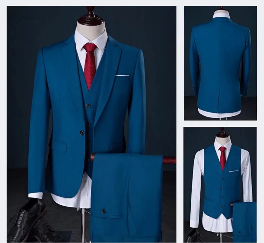 

Men's Fashion Lake Blue Suits Formal Business Dress Suits Slim Fit Men Blazers 3 Pieces Suits Wedding Groom Prom Party Tuxedos