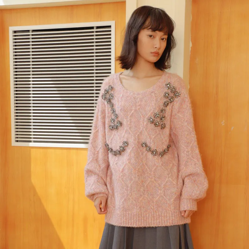 

Женский трикотажный свитер средней длины, розовый Свободный Повседневный свитер большого размера со стразами, одежда для улицы на осень и з...