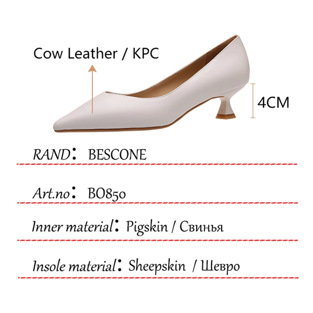 

BESCONE Casual Women's Pumps Genuine Leather Pointed Toe Wine Glass Heel Shallow Shoes Spring/Autumn Job Commute Shoes BO850