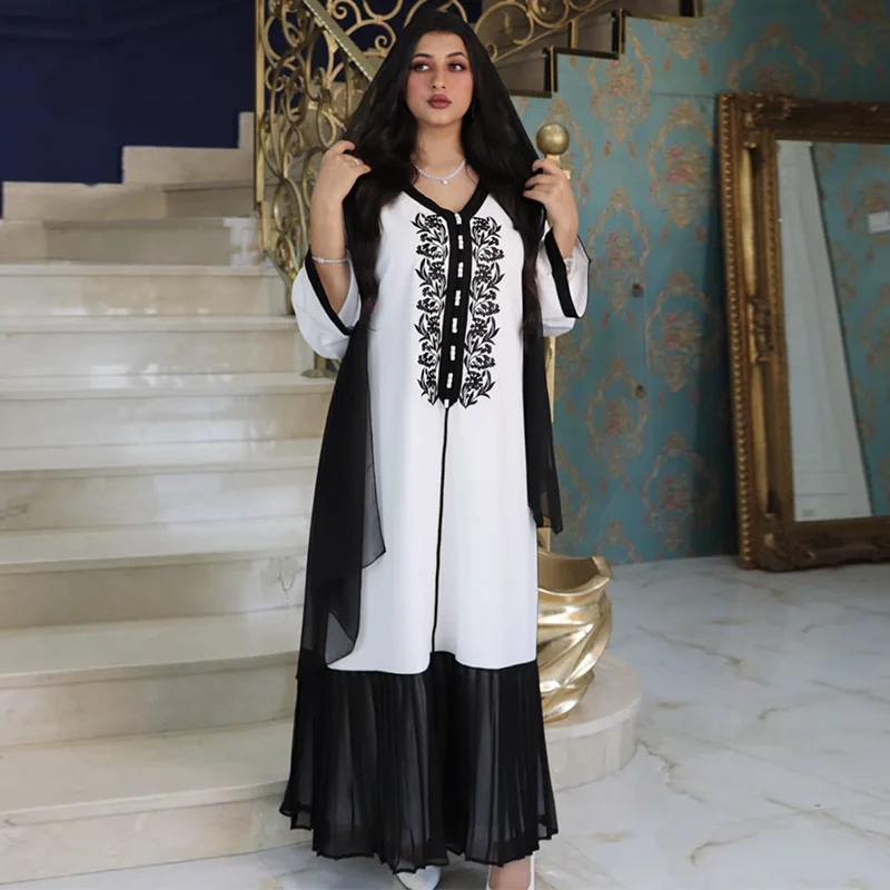 Commuter Hijab and Dress Set for Women Black White Ethnic Embroidered Moroccan Kaftan Turkey Arabic Oman Muslim Robe