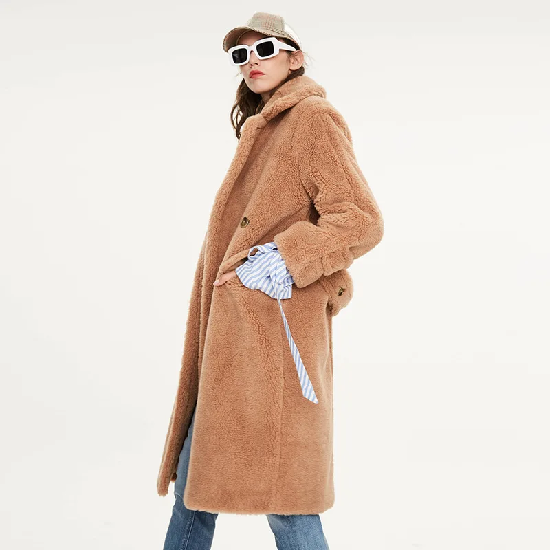 Женское пальто из искусственного меха длинное с плюшевым мишкой женская одежда