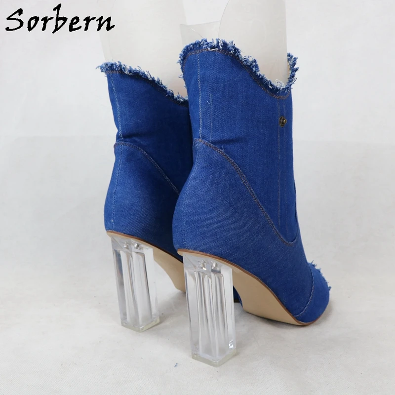 Sorbern Blue Demin Ankle Boots Women Chunky High Heels Open Toe Transparent Heels Female Shoes Custom Plus Size 15 Block Heel