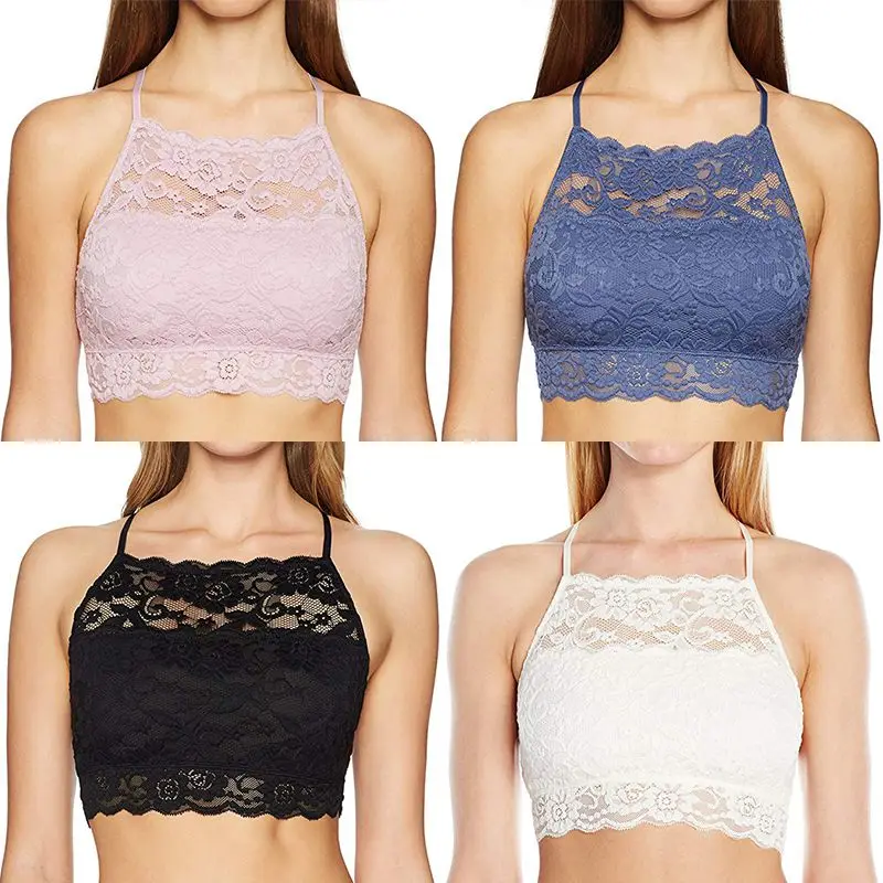 

Women Bra High-Neck Lace Bralette Splice Soft Breathable Perspective Bra Soft Sexy Comfortable Elasticity Halter Lace Bralette