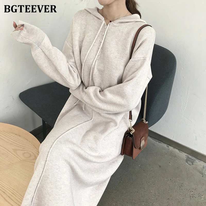 Повседневное женское платье свитер BGTEEVER весеннее вязаное с капюшоном на