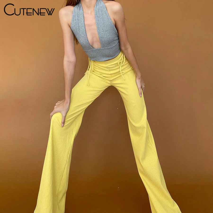 

Брюки Cutenew женские с завышенной талией, повседневные облегающие трикотажные в рубчик штаны с завязками, уличная одежда, 2021