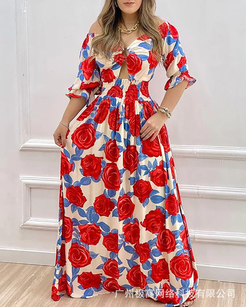 

Women's 2021 New Spot Summer Red Floral V-neck Sleeved Dress