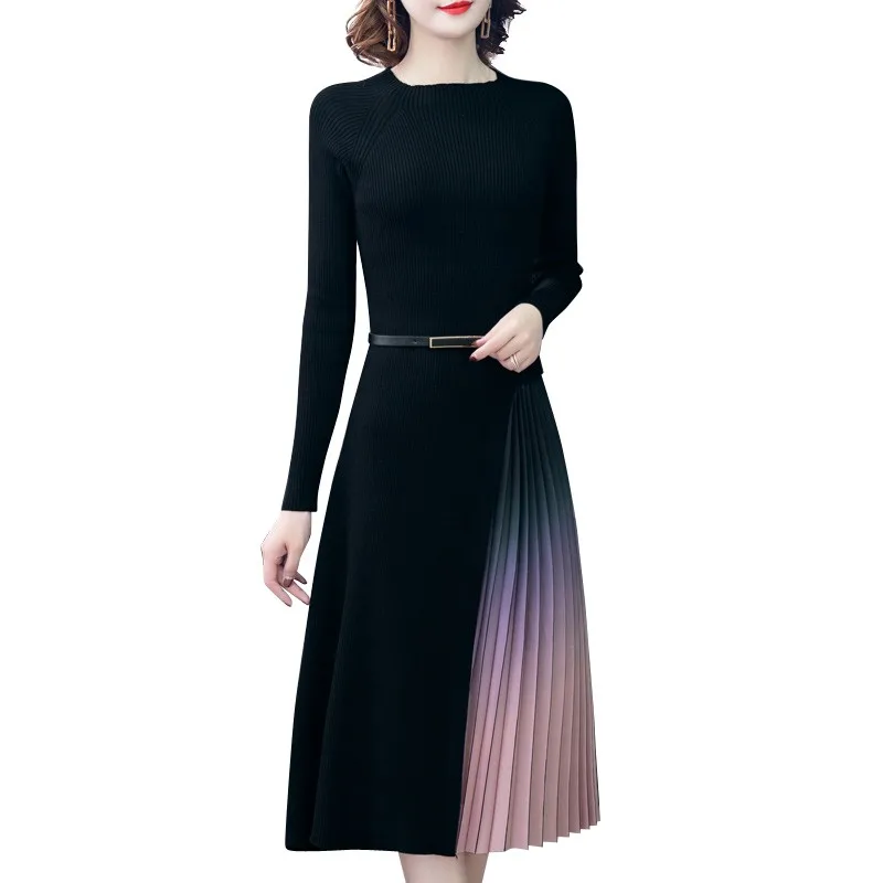 Женское осенне зимнее Элегантное трикотажное плиссированное платье средней