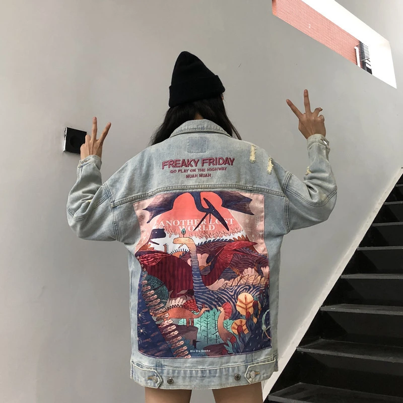 

Autumn Dinosaur Print Long Denim Jacket Women Vintage Streetwear Style Jeans Jacket Casaco Feminino Harajuku Chaqueta Mujer