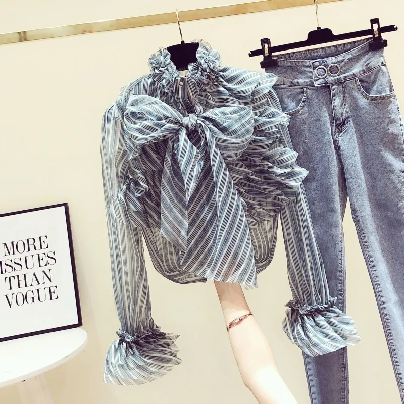 Женская шифоновая рубашка в полоску с длинным рукавом свободная блузка рюшами и