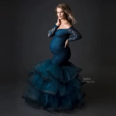 

Classic Mermaid Maternity Dresses Long Sleeves Strapless Tiered Flouncing Tulle Bridal Pregnancy Photo Dressing Gowns