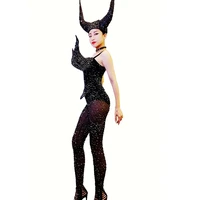 decorative horns shiniy diamonds women jumpsuits halter stretch black mesh perspective bodysuits nightclub jazz dance costumes