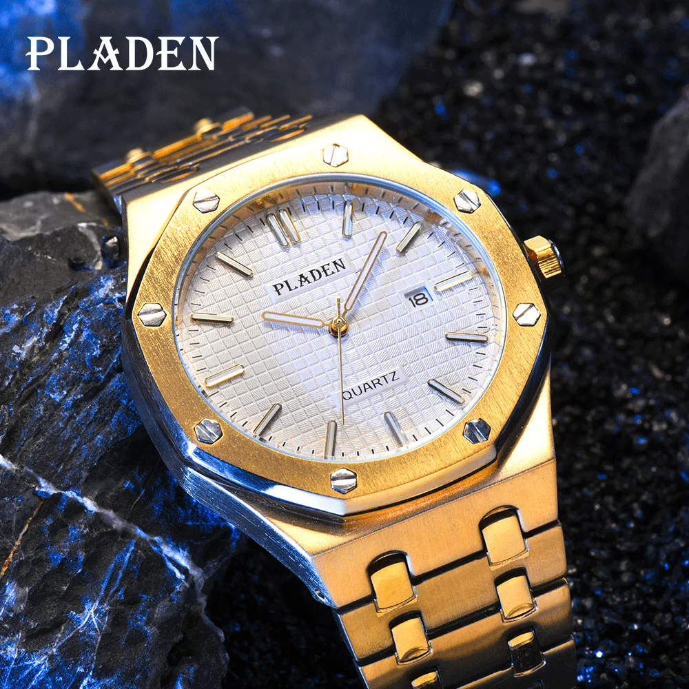 PLADEN Mens Watches Top Brand Luxury Gold Calendar Original Waterproof 22mm Watchband Quartz Relojes Discounts And Fast Shipping