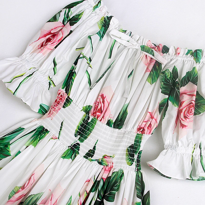 

Fashion Designer Sexy Party Dress 2021 New Summer Women Flare Sleeve Off Shoulder Rose Flower Print Holiday Maxi Long Dresse
