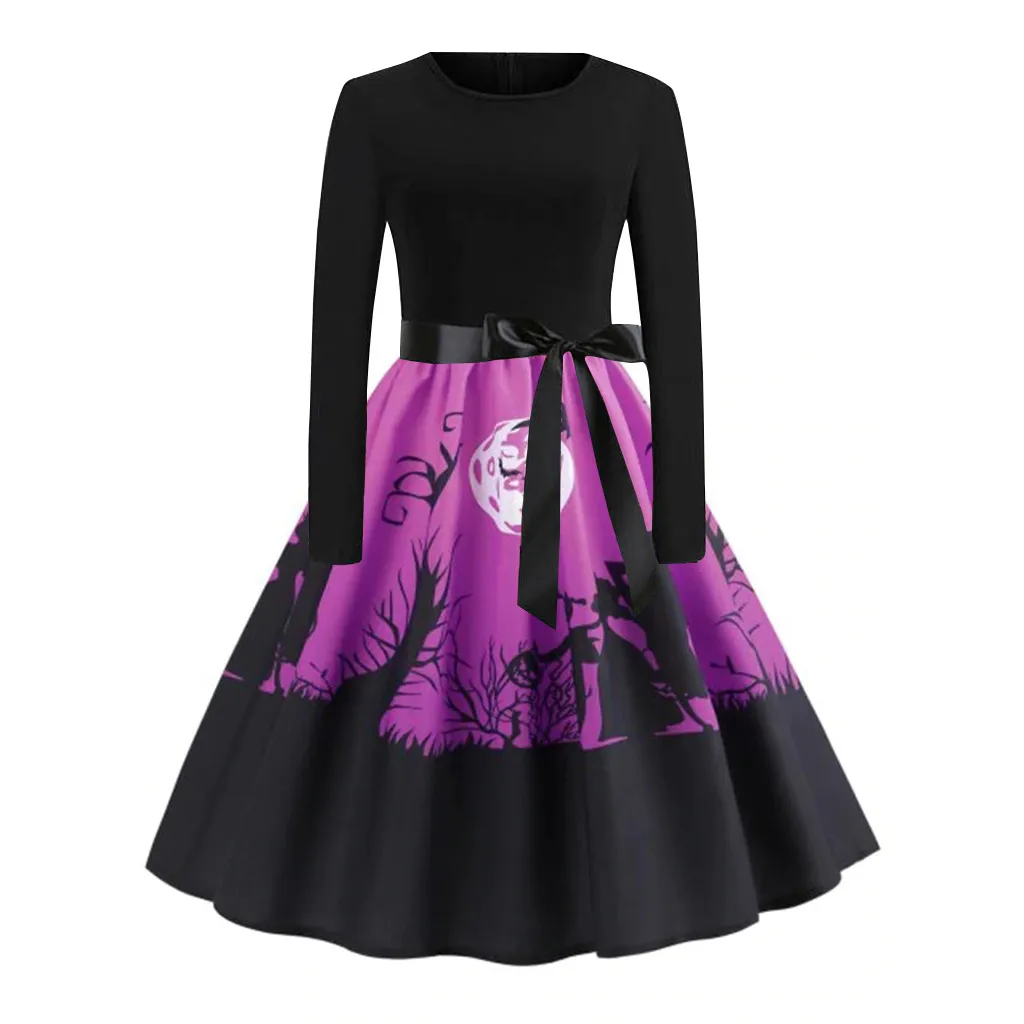 Хепберн длинный рукав женское платье тыква принт Хэллоуин расклешенное высокая