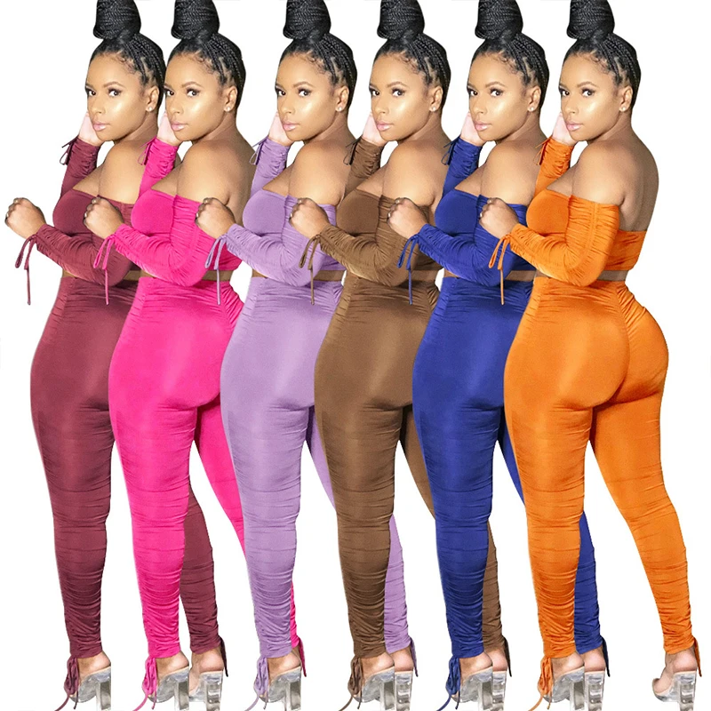 

ZKYZWX Sexy Bandage Two Piece Set Off Shoulder Crop Top+Bodycon Stacked Leggings Fall Women Clothes Club Outfits Matching Sets