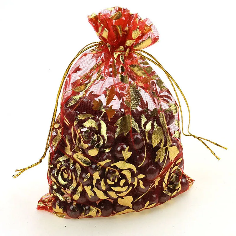 red gold rose 100 шт./лот 7X9 см X 9 см X 12 см 11X16 см 13X18 см золотое любовное сердце роза свадебная сумочка из органзы из тонкой прозрачной ткани, подарок на Рождество, спальные мешки для упаковки ювелирных изделий - Цвет: red gold rose