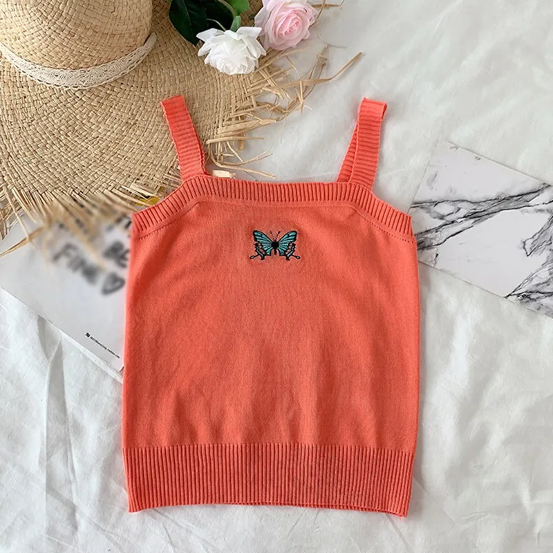

Women Clothes 2020 Crop Top Casual Knitted Butterfly Embroidery Cami Tops Summer Beach Wear Sexy Vest Sleeveless Basic Camisole