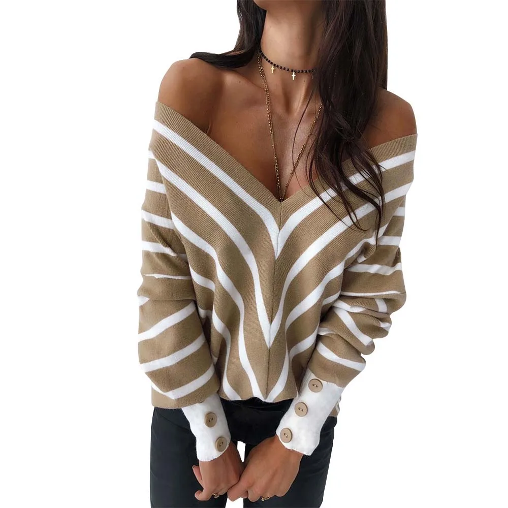 

VICABO Stripe Print Women Sweaters Buttons Long Sleeve Deep V Neck Slim Kintting Tops Fall 2020 Female Pullovers