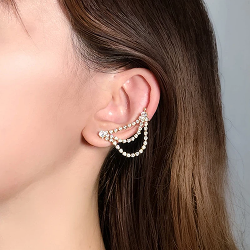 Цельные серьги-клипсы с цепочкой и кисточками кристаллами цепочка подвесками