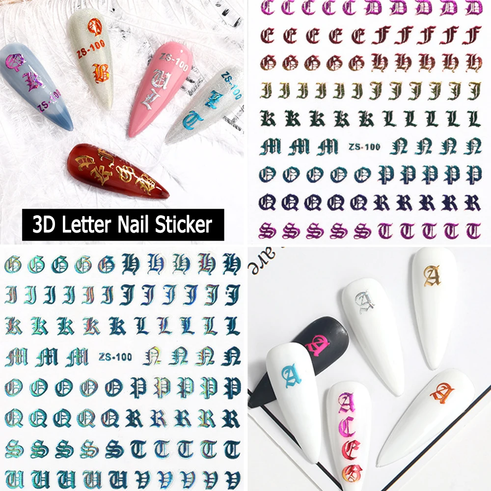 

3D Gothic Alphabet Letter Nail Sticker Laser English Word Bronzing Decal Slider Adhesive Manicure Nails Decoration