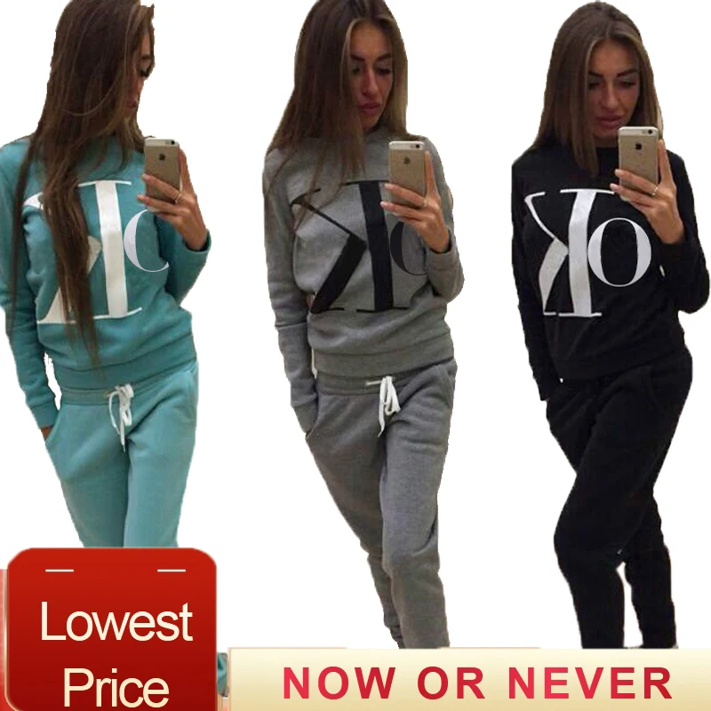 Осенне зимняя Женский комплект 2 шт. толстовка с капюшоном брюки буквенным