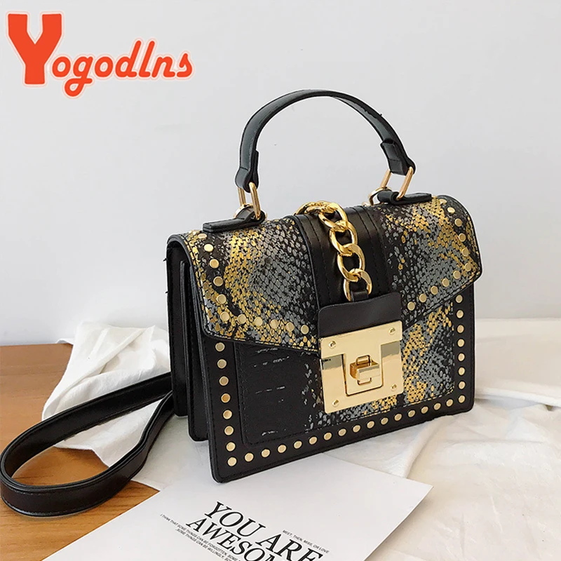 

Yogodlns Luxury Serpentine Shoulder Bag Women PU Leather Crossbody Bag Fashion Chains Messenger Bag Brands Lock Lady Handbag sac