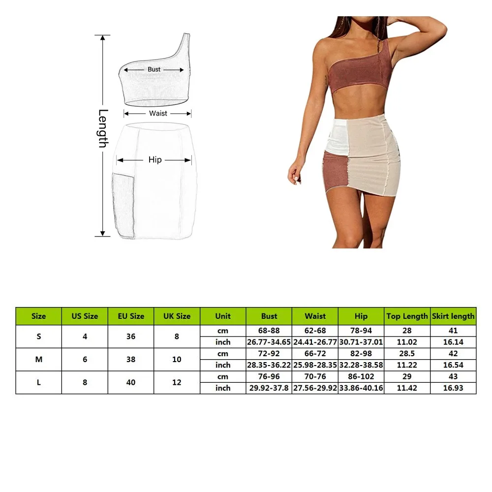 

Ribbed Patchwork Two Piece Sets One Shoulder Tank Top And Skirts Women Skinny Vintage Streetwear Summer Mini Bodycon Outfits