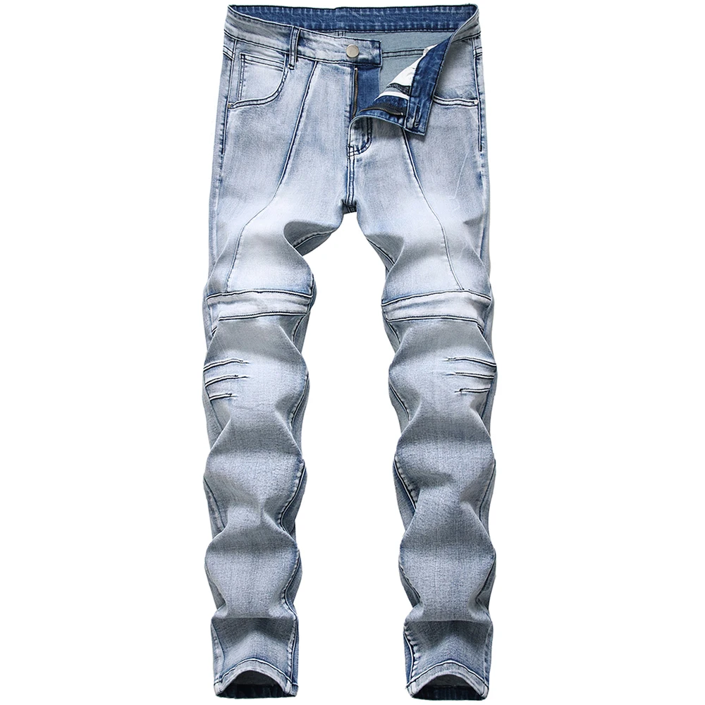 

2021 New Spring Summer Denim Cotton Pants Men Pleated Slim Fit Pencil Pant Light Blue Jeans Trousers Ripped Jeans for Men