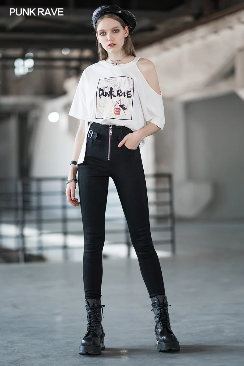 

Punk High Waist Denim Trousers Streetwear Cool Daily Skinny FeetPUNK RAVE Women' s Small Jeans Casual Black Pencil Pants