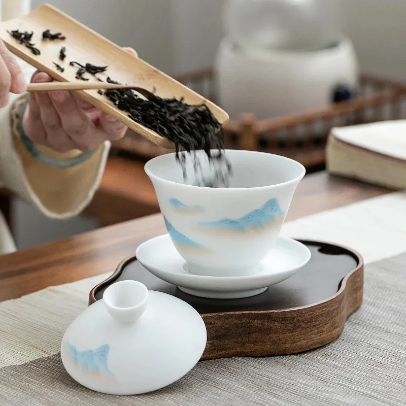 

Ceramic Whiteware Cover Bowl Kung Fu Tea Set Sancai Tea Cup Tea Bowl Large Household Half-Handmade Tea Making Device Gaiwan