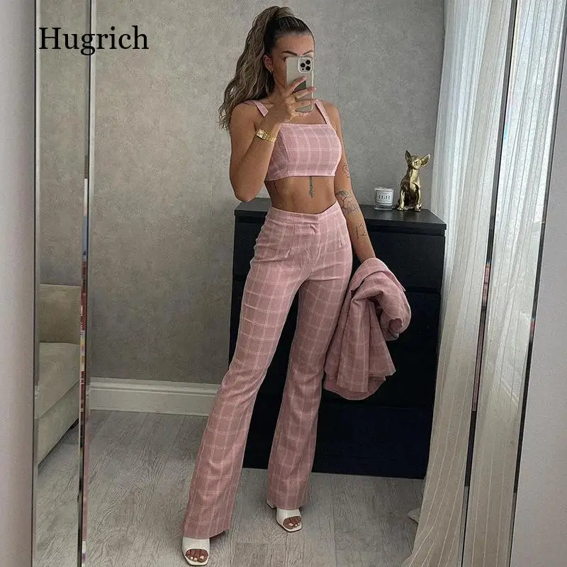 

Summer Ladies Suit Retro Sexy Sling Check Vest Large Size Slim Slim Micro Trousers Set 2-Piece Set