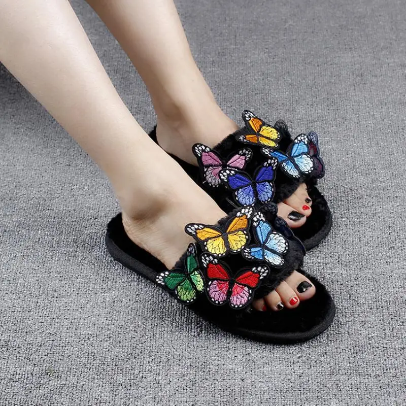 

Women Creative Butterfly House Slippers Women Winter Warm Shoes Woman Slip On Flats Slides Female 2020 Slippers Wholesale