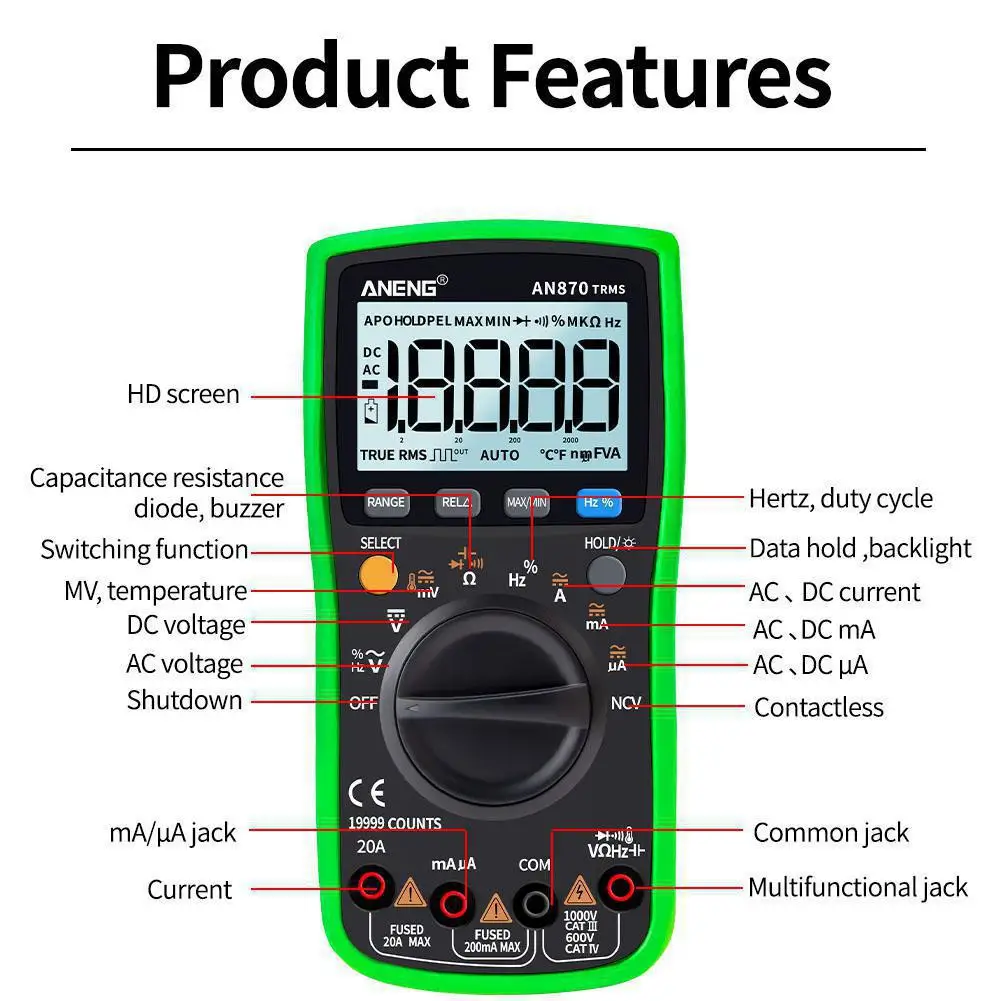 ANENG AN870 Digital Multimeter 19999 True RMS AC/DC Voltage Volt Ampere Ohmic Capacity Frequency Temperature PCI Tester | Инструменты