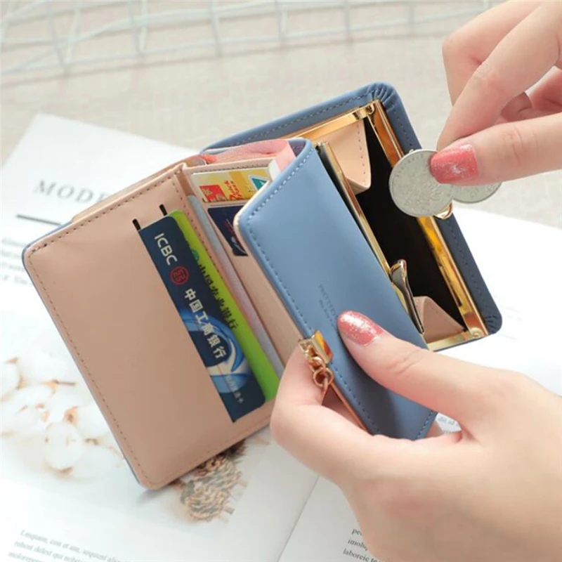 

Women's Leather Short Wallet Buckle Solid Color Card Holder Clutch Billeteras Mujer Fashion Leaf Tri Fold Coin Purse