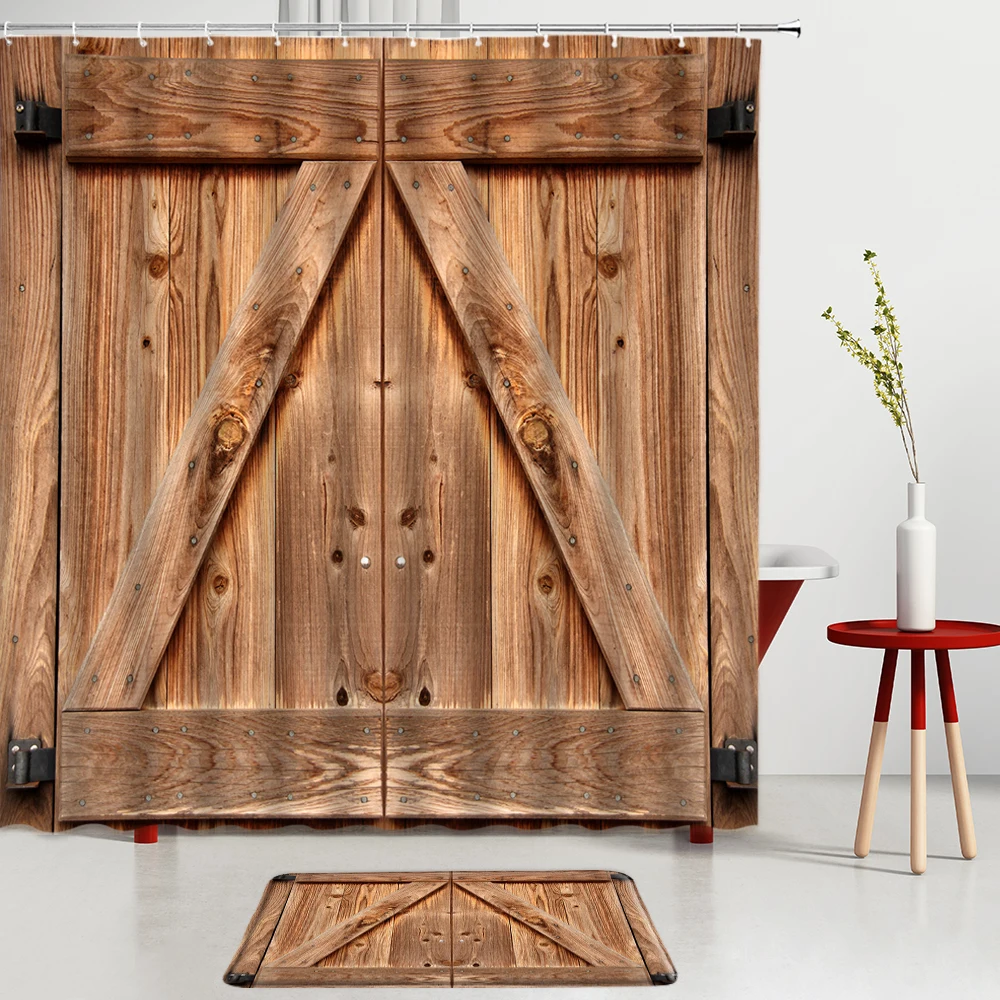 

Old Retro Wooden Door Shower Curtains Set Bath Mats Entrance Door Mats Kitchen Bathroom Rugs Room Decoration Non-Slip Carpets
