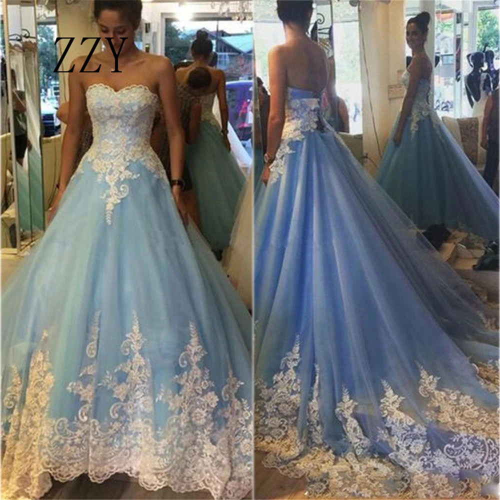 

Excellent Blue Appliques Tullle Organza Quinceanera Dresses Custom-made Floor-Length Vestidos De 15 Anos Sweet 16 Dresses